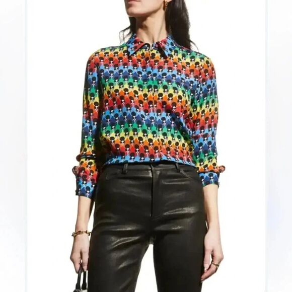 Alice + Olivia Willa placket Stace Face Print Button-Up silk colorful Shirt size - Picture 2 of 10